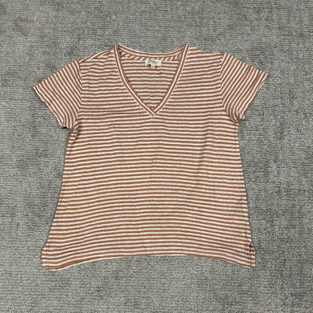 Haven Shirt Womens Medium Orange White Striped Linen Summer Top V Neck
